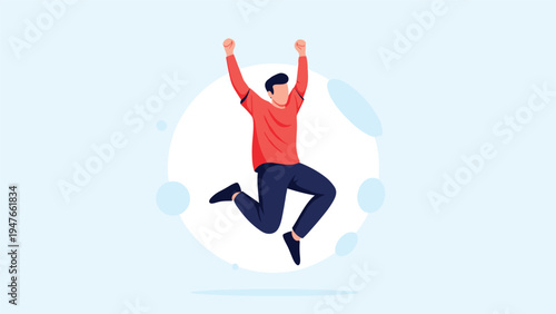 Enthusiastic man in a red shirt jumps high in the air expressing pure joy, success, and energetic celebration.