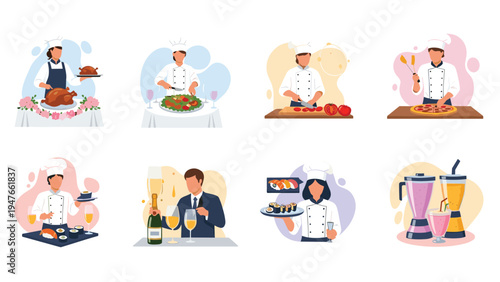 Professional chefs in white uniforms demonstrate culinary skills by preparing sushi, pizza, roasted chicken, and fancy drinks.