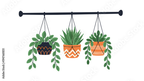 Stylish indoor decorative display features three distinct green plants hanging in patterned ceramic pots from a black rod.