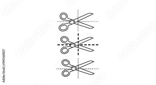 Educational diagram shows three pairs of black and white scissors cutting along different dotted and dashed line paths for practice.