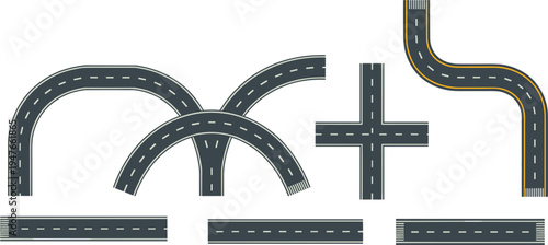 Road asphalt highway vector icon set with crossroads turns and straight paths for city mapping