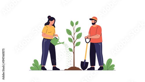 Eco conscious man and woman work together to plant a young tree using a shovel and a green watering can.