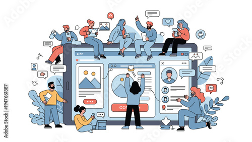 Diverse group of young people interact with a giant digital tablet displaying various social media posts and profile icons.