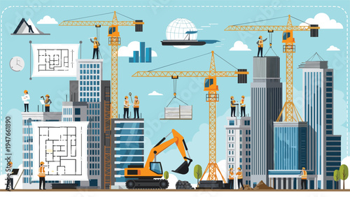 High activity construction site features multiple tall yellow cranes, heavy machinery, and buildings under development.