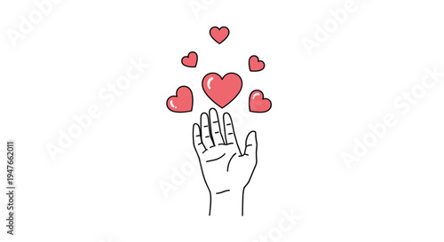 Hand reaching up towards a group of floating red hearts represents love charity kindness and human connection in a simple line art style.