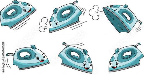 Collection of six cartoon electric iron character illustrations with expressive faces and dynamic motion for household vector design projects
