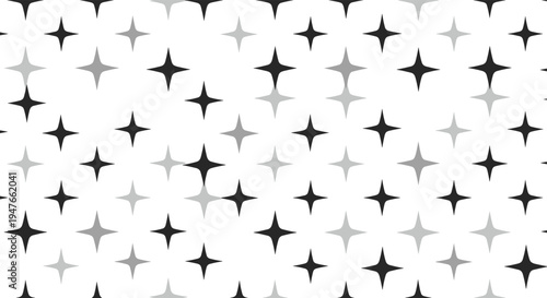 Geometric pattern of four pointed stars in various shades of gray scattered on a white background for a modern decorative wallpaper.