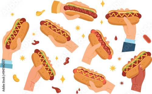 Hands holding hot dogs with ketchup and mustard, street food snack illustration set with different hand gestures and delicious fast food