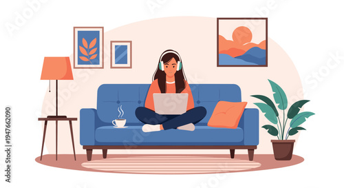 Cozy home office scene shows a woman working on a laptop while sitting cross legged on a blue sofa with a cup of hot coffee nearby.