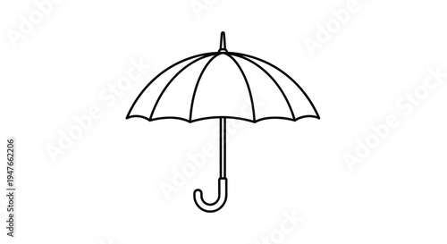 Simple black and white outline drawing of an open umbrella with a curved handle represents protection from rain and bad weather.