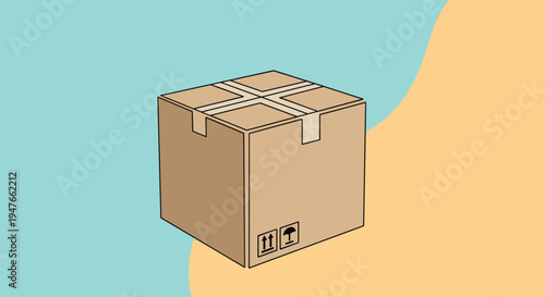 Sealed brown cardboard shipping box with fragile handling symbols sits against a divided light blue and warm orange background.