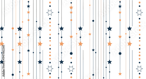 Vertical lines with stars and beads in blue and orange create a festive and modern pattern suitable for holiday greeting card designs.