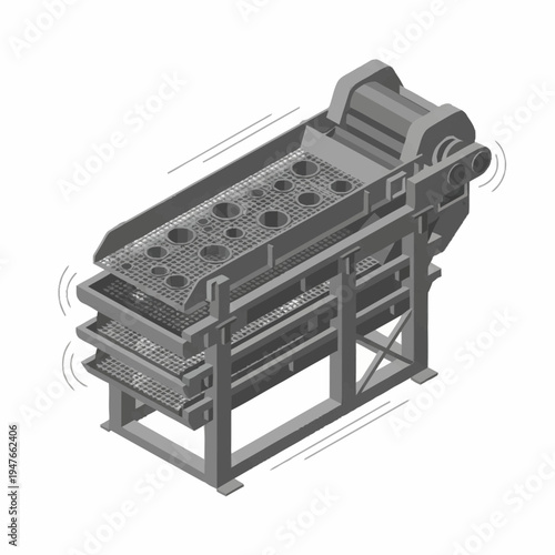 Isometric illustration of a triple-deck vibrating screen used in mining and construction industries for separating materials by size.