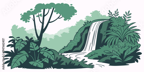 A serene waterfall cascading down a lush green hillside Vector