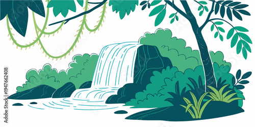 A pixel art waterfall in a lush tropical forest Vector