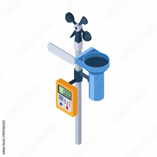 Isometric illustration of a weather station with anemometer, rain gauge, and digital thermometer on a pole, isolated on white.