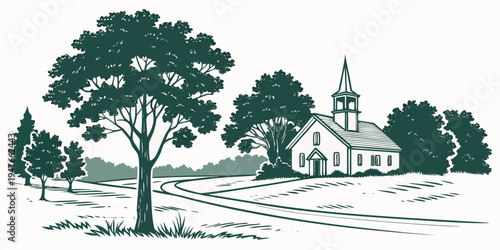 A church and trees on a hill Vector