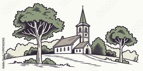 A church with a steeple and trees in the foreground Vector