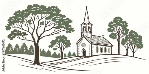 A church with a steeple and trees in a rural setting Vector