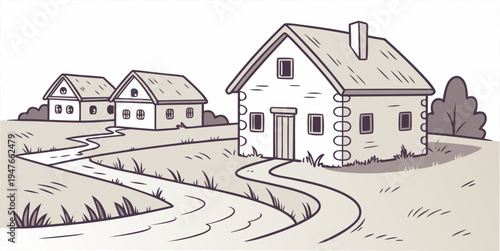 A house on a rural landscape with a dirt road Vector