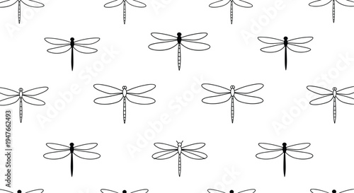 Simple pattern of black and white line drawings of dragonflies creates a delicate and airy nature theme for decorative surface prints.