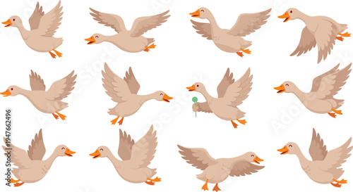 Collection of twelve cartoon flying duck illustrations in dynamic poses with whimsical character design for animal vector projects