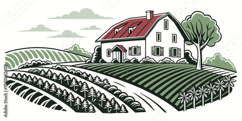 A white house with a red roof on a hill with a field Vector