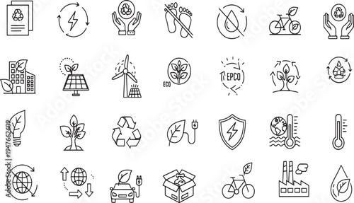 Green Lifestyle and Renewable Energy Line Icons for Sustainable Living and Eco Business Concepts