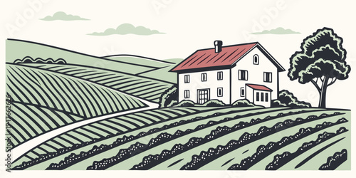 A white house with a red roof sits in a vineyard Vector