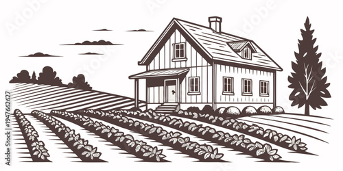 A house on a farm with rows of crops Vector
