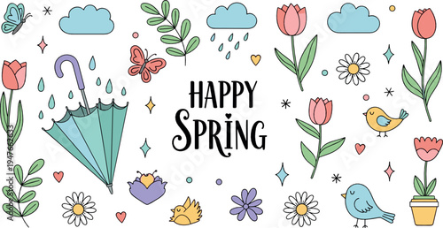 Happy spring doodle elements with umbrella, flowers, birds and butterflies colorful seasonal nature illustration set