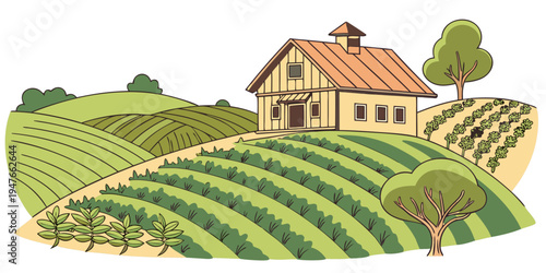 A house on a vineyard hill with green trees Vector