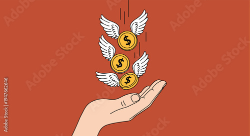 Human hand reaching out to catch falling golden dollar coins with white wings representing financial gain and investment success opportunities.