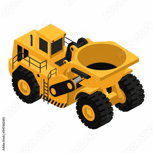 Isometric illustration of a yellow mining truck, a heavy-duty vehicle used in surface mining for transporting large quantities of materials.