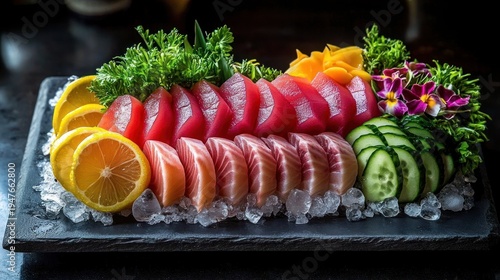 Fresh sliced tuna and salmon sashimi on crushed ice with lemon slices, cucumber rounds, green herbs and edible flowers on a black slate platter, elegant and inviting