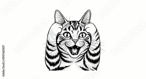 Expressive tabby cat cartoon with paws to head, wide eyes, and open mouth, conveying exaggerated surprise or joyful exclamation in black and white