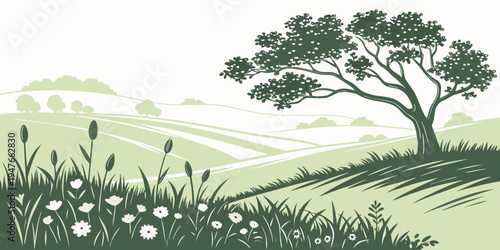 A tree on a hill with flowers in the foreground Vector