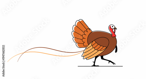 Dynamic cartoon drawing depicts a fast-moving turkey leaving a humorous trail of feathers behind, conveying a sense of urgency and fun