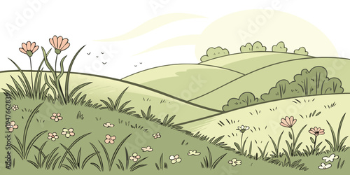 A serene landscape with rolling hills and wildflowers Vector