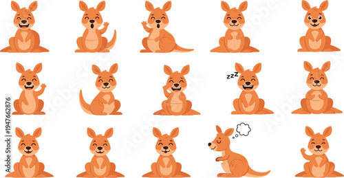 Collection of fifteen cartoon kangaroo illustrations with expressive emotions and playful gestures for wildlife and character vector design projects