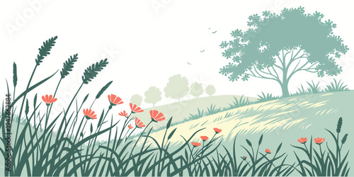 A serene landscape with flowers and a tree on a hill Vector