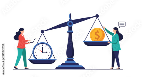 Time and money balance concept showing two professional women managing a giant scale with a clock and a gold dollar coin in flat design.