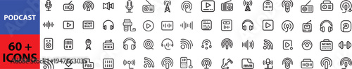  Podcast web icons in line style. Microphone, radio, webcast, audio, video, news, collection. Outline icon in linear style