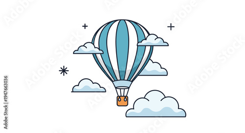 Whimsical illustration of a blue and white striped hot air balloon flying through fluffy clouds in a sunny sky with stars.