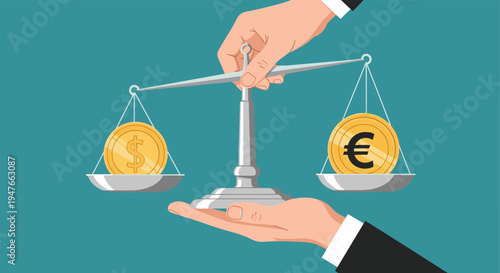Currency exchange and economic balance concept showing hands holding a scale with dollar and euro gold coins on a teal background.