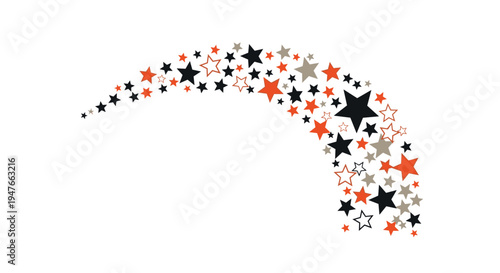 Decorative arch of scattered stars in various sizes and colors of black grey and orange on a white background for celebratory designs.