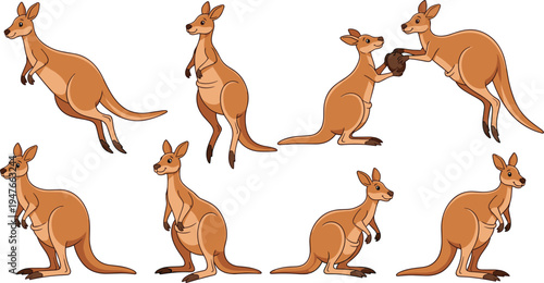 Collection of eight cartoon kangaroo illustrations in playful poses including hopping, sitting and boxing for Australian wildlife vector design projects