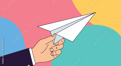 Hand launching a paper plane against a vibrant background with blue pink and yellow shapes representing travel and start of journey.