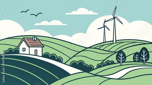 Eco Wind Turbines on Rolling Green Hills Vector Landscape