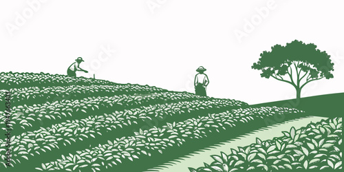 A green landscape with a tree on a hill Vector